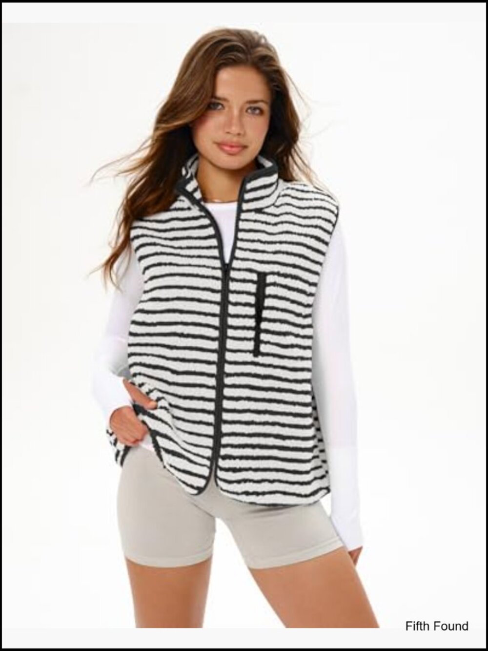 Women's Cropped Zip Fleece Vest Striped Sleeveless Jacket Layering Gilet - Picture 3 of 6